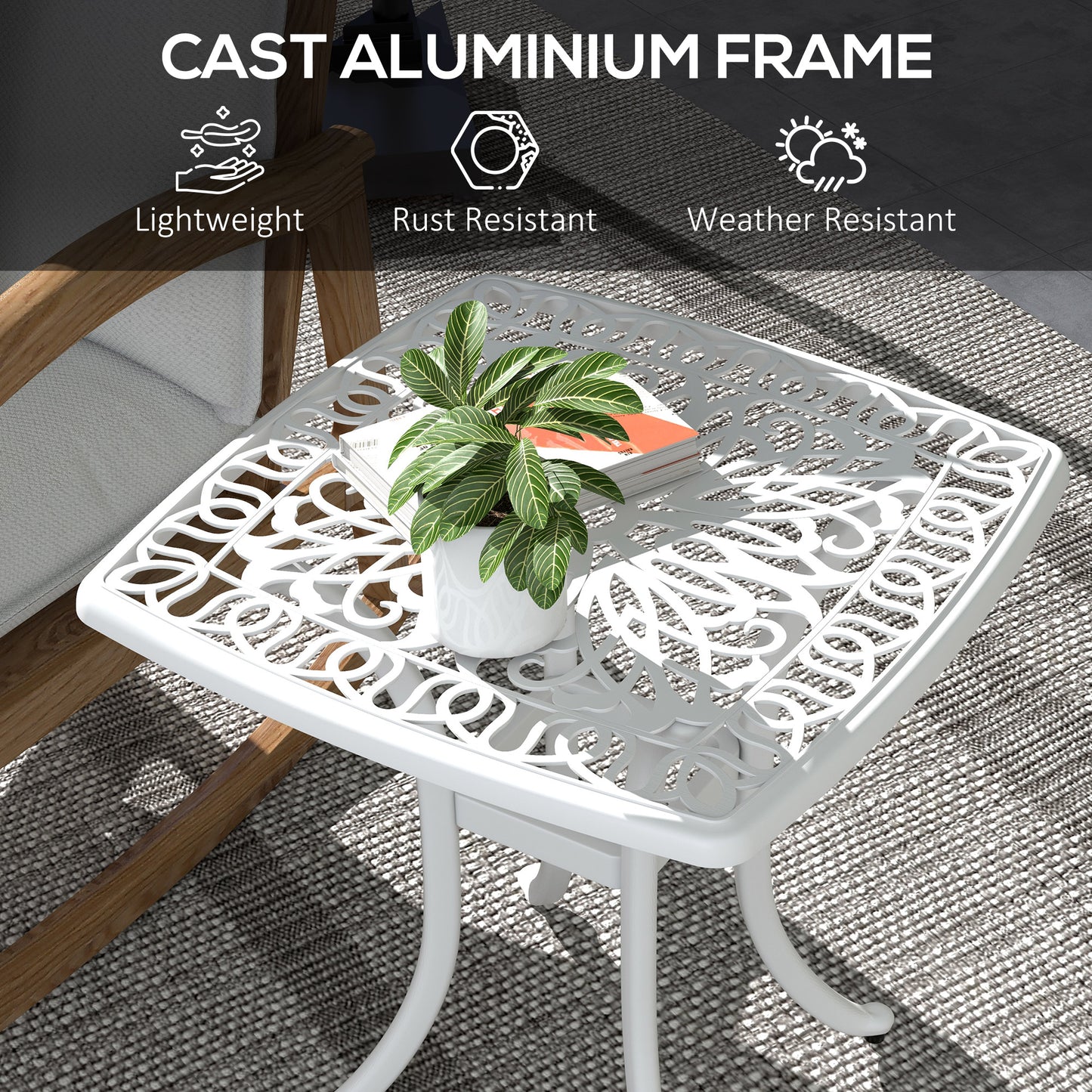 Zisu Cast Aluminium White Square Outdoor Bistro Table With Umbrella Hole
