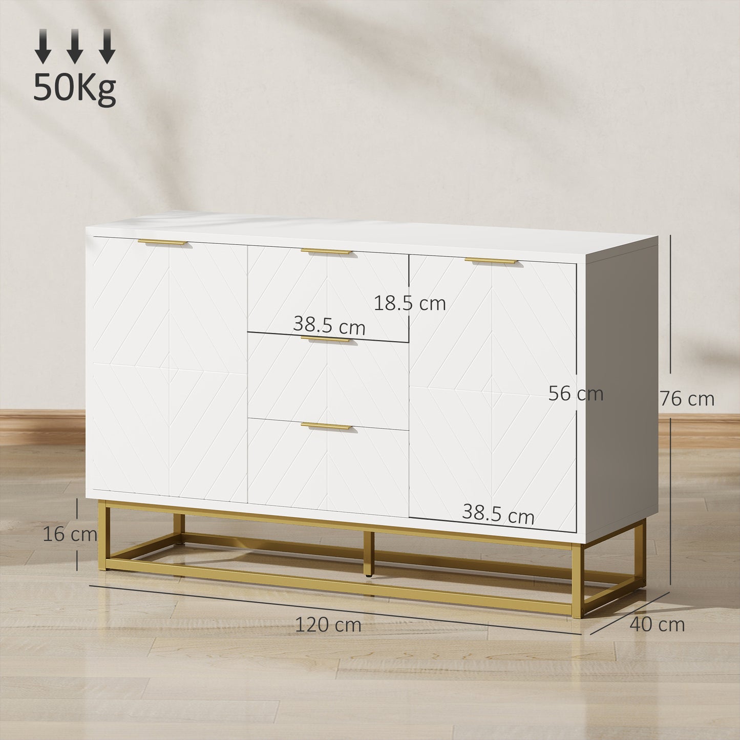 Luka White Sideboard 3 Drawers 2 Doors Chevron Design Gold Accents