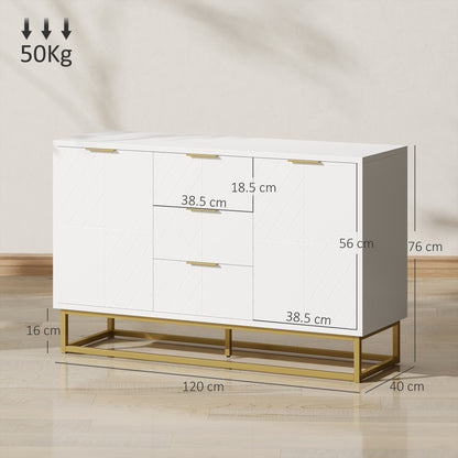 Luka White Sideboard 3 Drawers 2 Doors Chevron Design Gold Accents