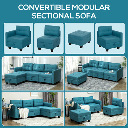 Torono Light Blue Upholstered Modular L Shaped Sofa With Built In Storage