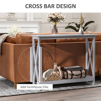 Reluba Wooden Grey X Frame Console Table With Bottom Shelf For Hallway