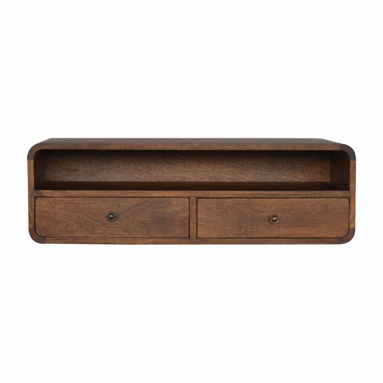 Peschiera Floating Chestnut Mango Wood Open Console 2 Drawers and Storage Shelf
