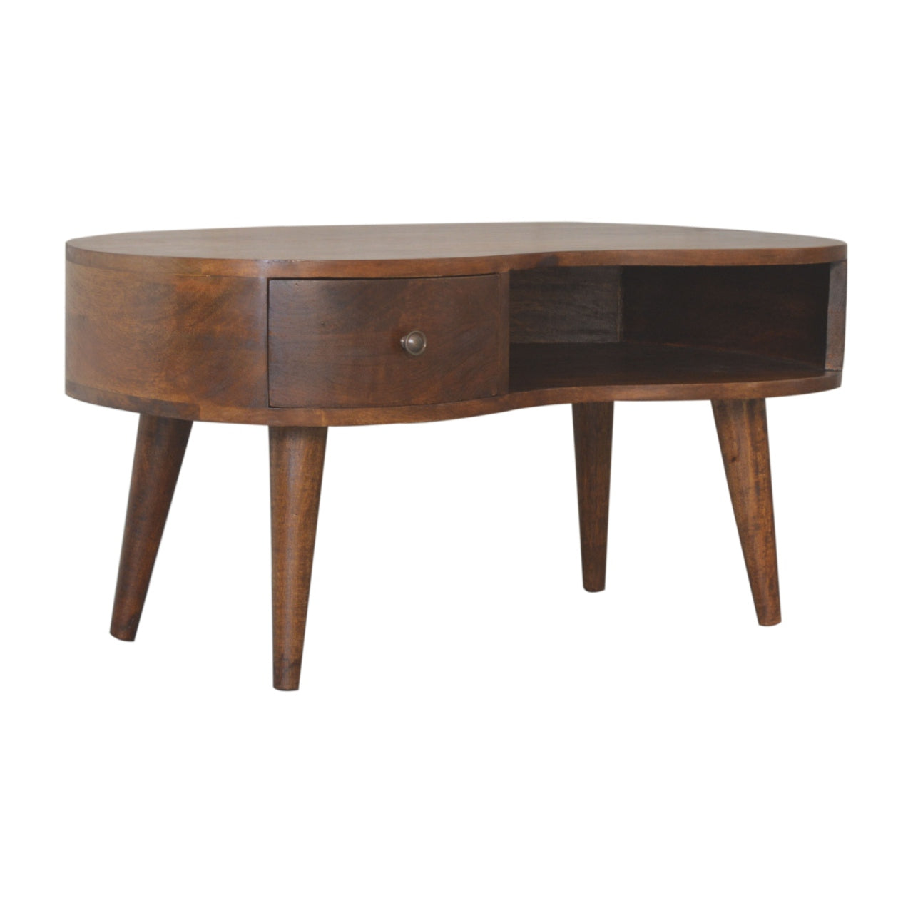 Parma Chestnut Mango Wood Wave Coffee Table with Drawer and Open Shelf