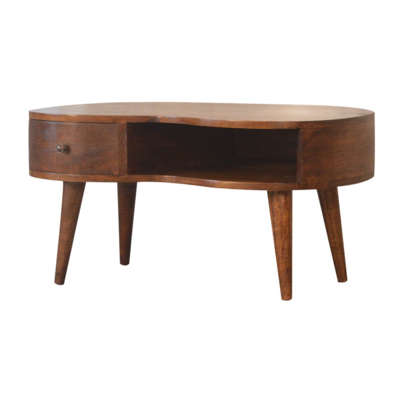 Parma Chestnut Mango Wood Wave Coffee Table with Drawer and Open Shelf