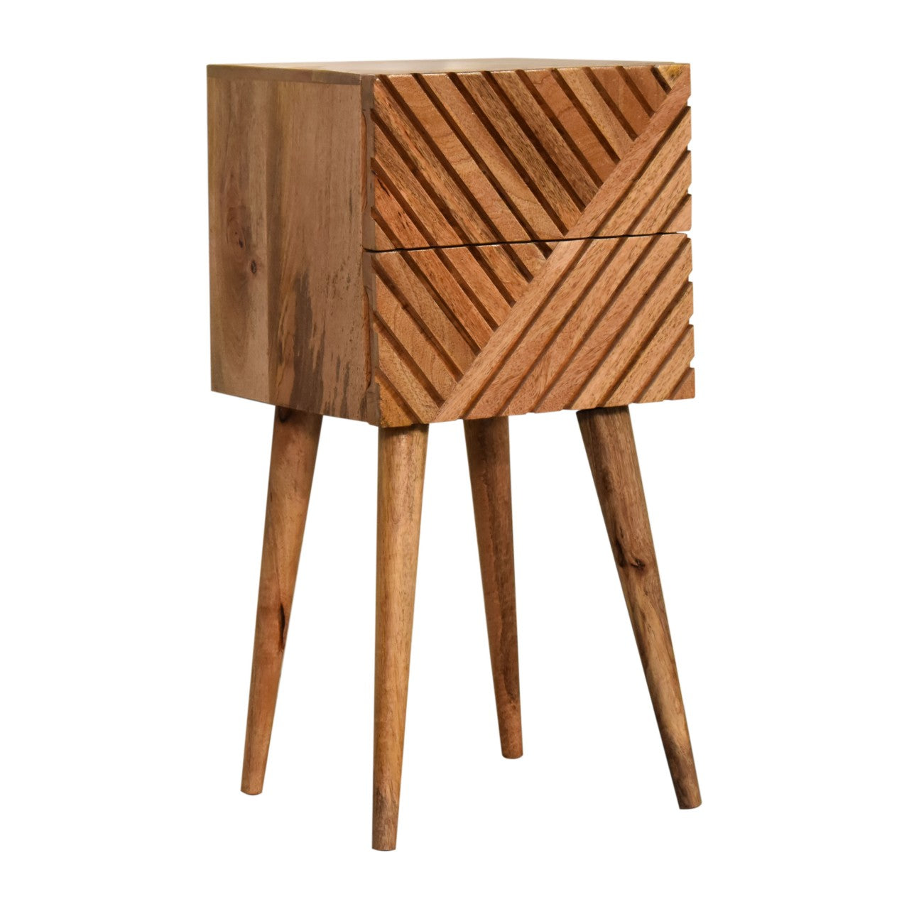 Porquerolles Mini Carved Lines Mango Wood Bedside Table 2 Drawers