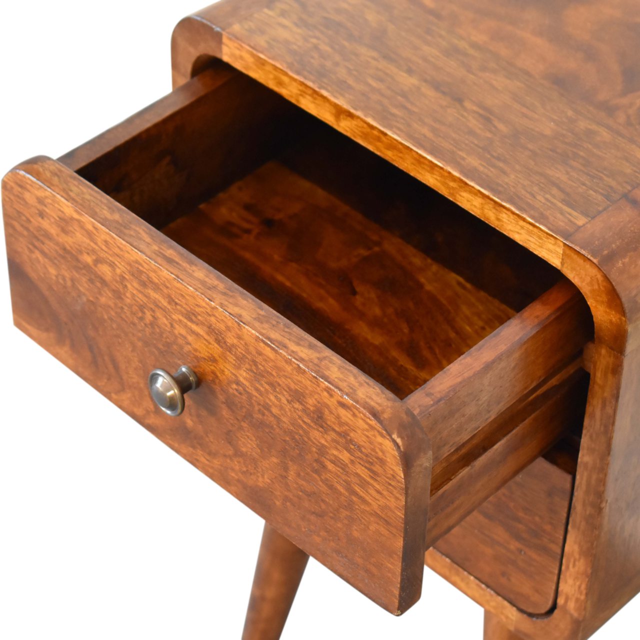 Venzone Mini Chestnut Mango Wood Curved Bedside Table 2 Drawers