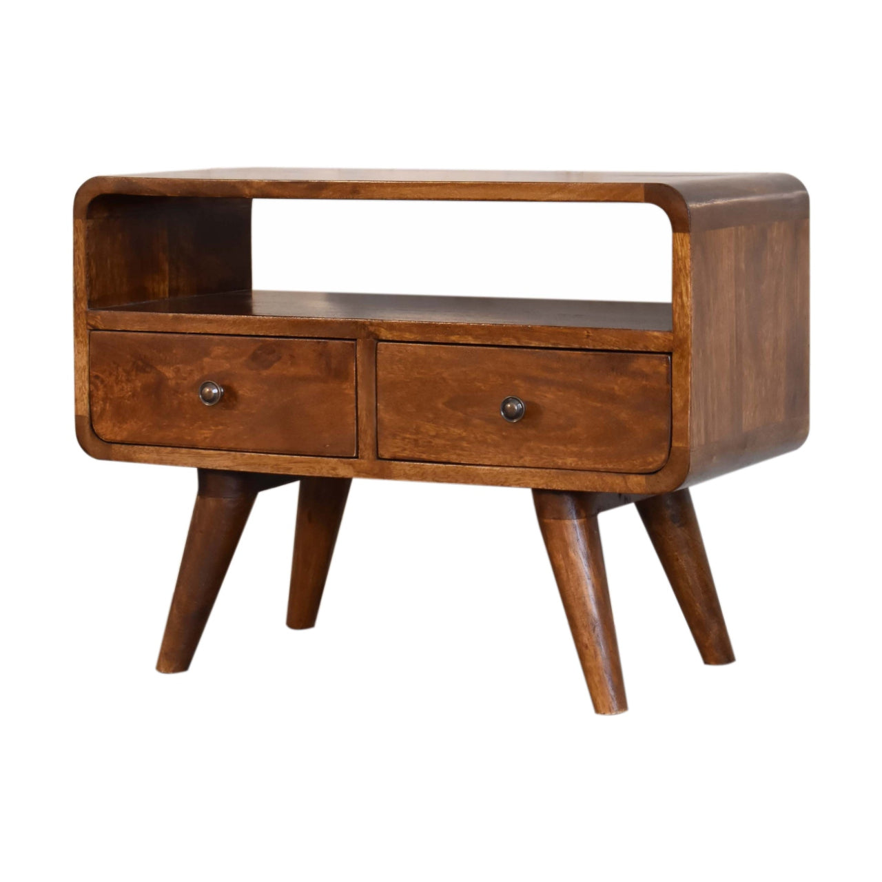 Venzone Mini Chestnut Mango Wood Curved TV Media Unit with 2 Drawers