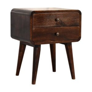 Chiusa Curved Dark Walnut Mango Wood Wide Bedside Table 2 Drawers