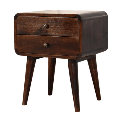 Chiusa Curved Dark Walnut Mango Wood Wide Bedside Table 2 Drawers