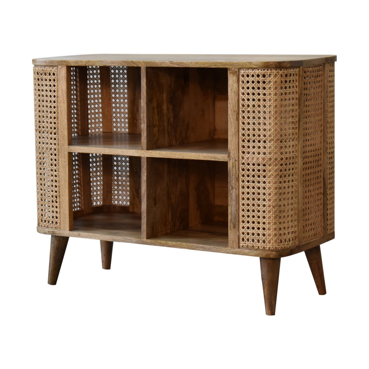 Molveno Natural Rattan and Mango Wood Open Double Cabinet with Storage Shelves