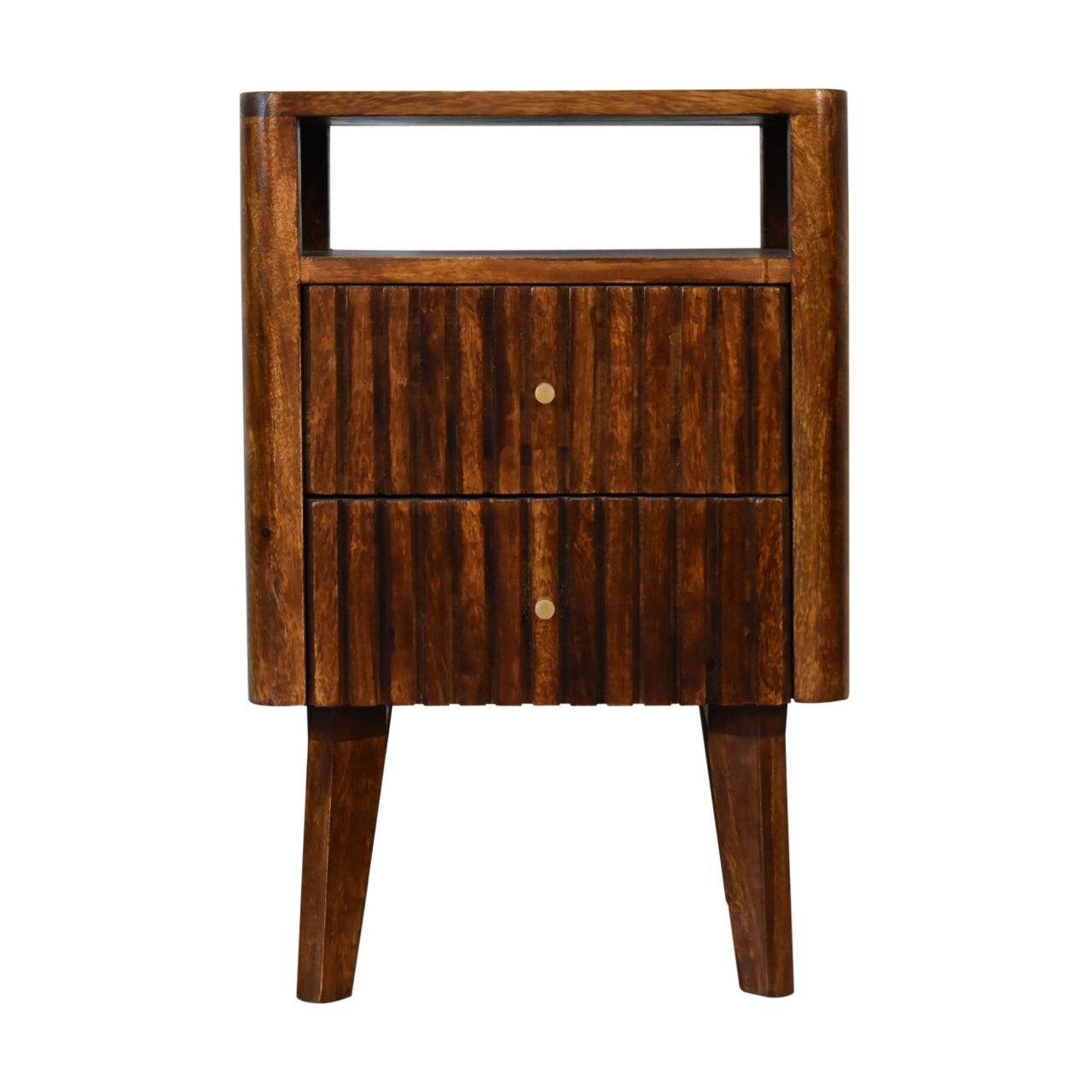 Brisighella Slatted Retro Mango Wood Bedside Table 2 Drawers Open Shelf