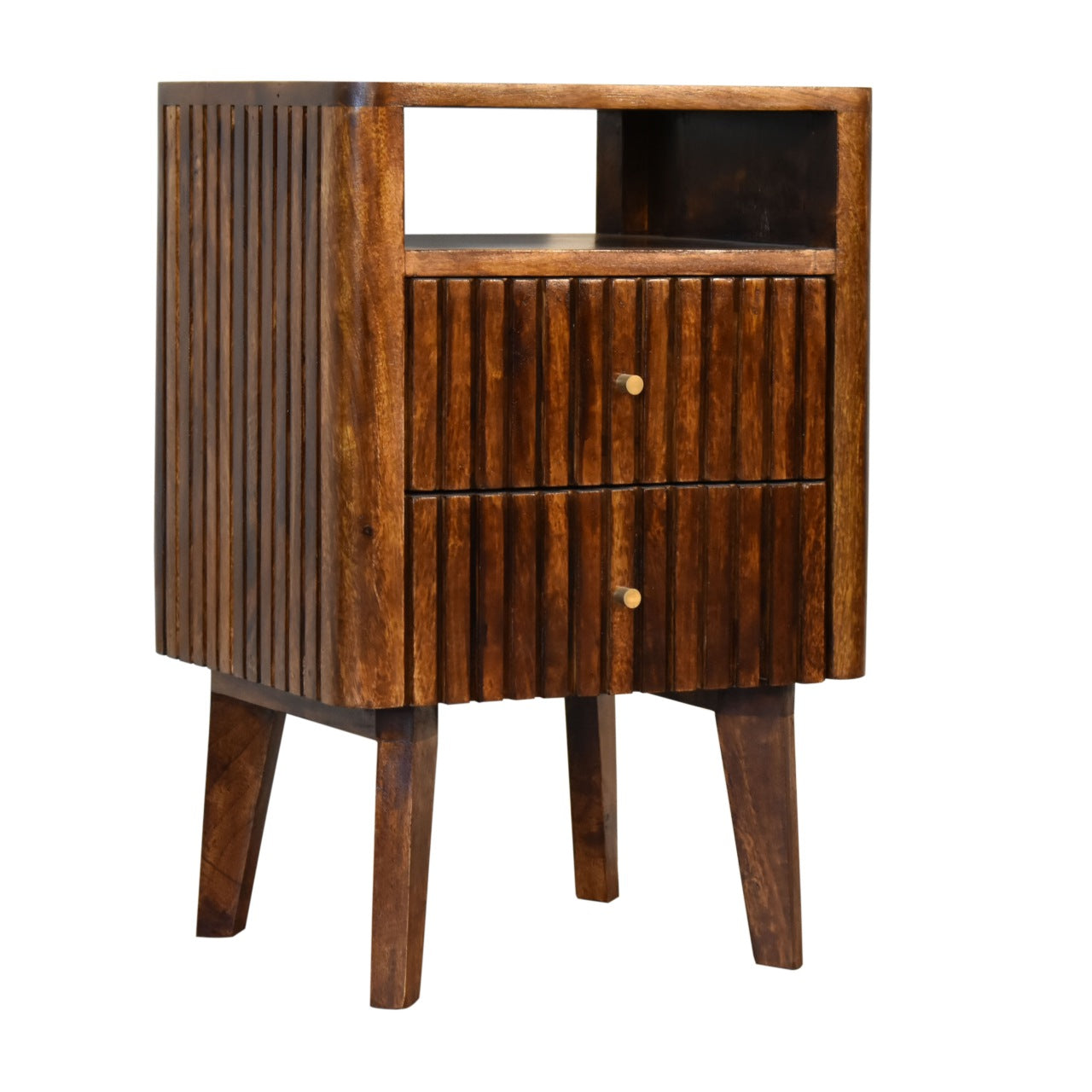 Brisighella Slatted Retro Mango Wood Bedside Table 2 Drawers Open Shelf