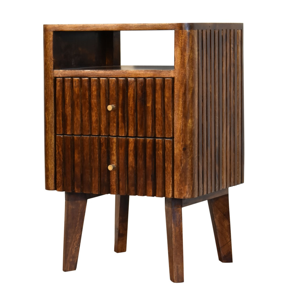 Brisighella Slatted Retro Mango Wood Bedside Table 2 Drawers Open Shelf