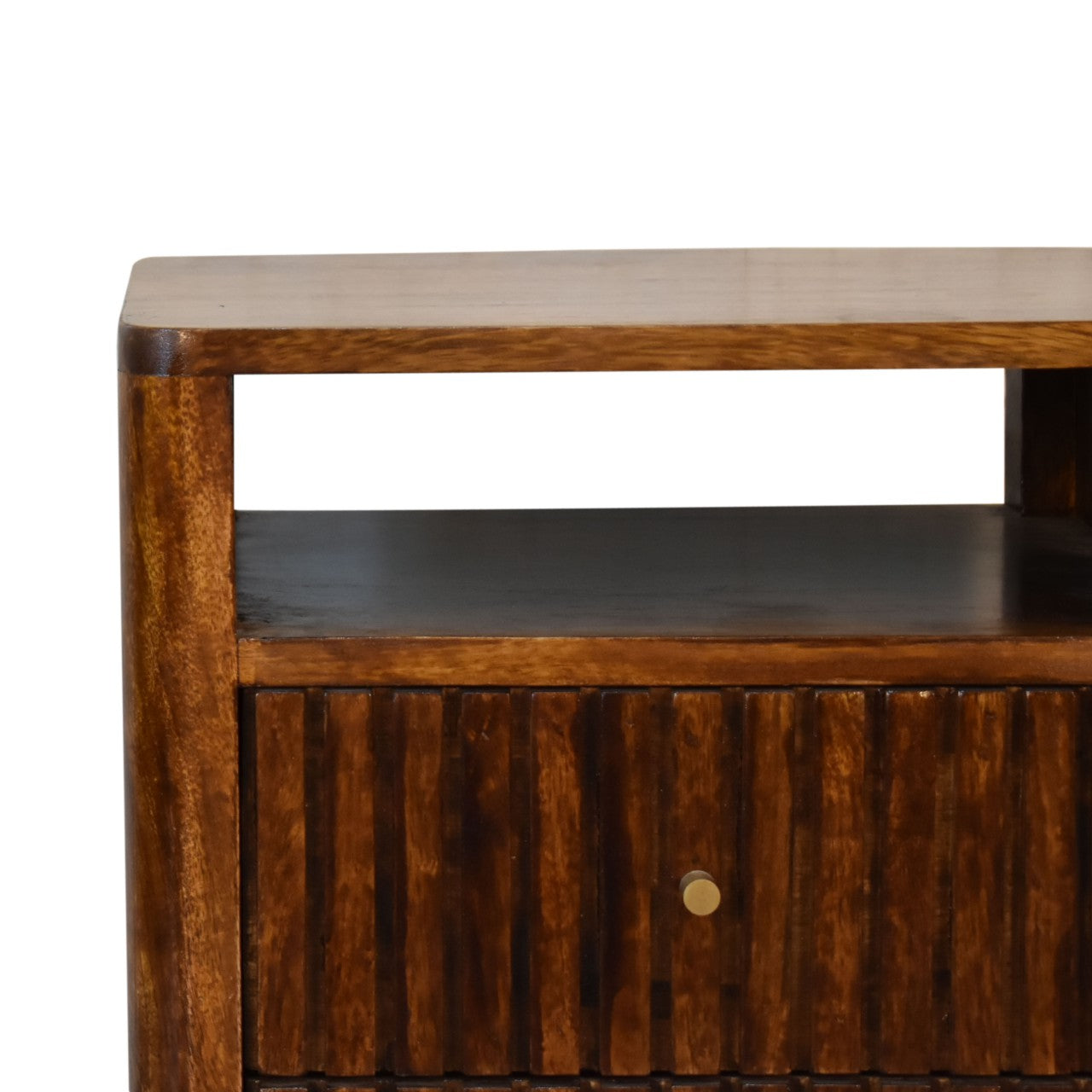 Brisighella Slatted Retro Mango Wood Bedside Table 2 Drawers Open Shelf