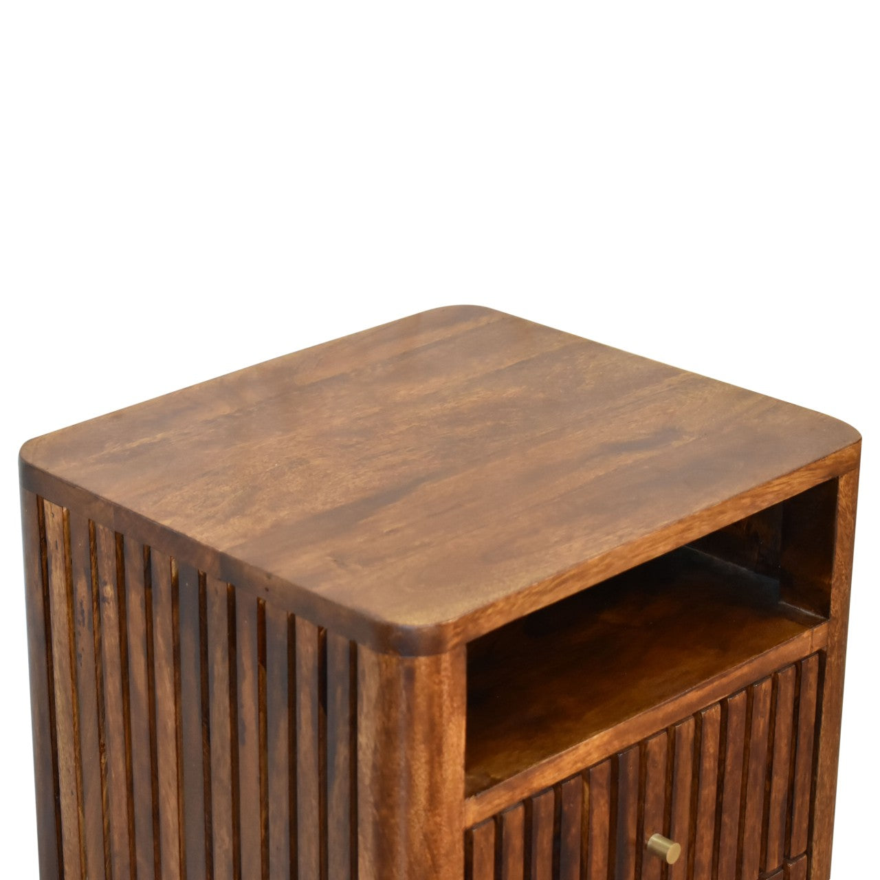 Brisighella Slatted Retro Mango Wood Bedside Table 2 Drawers Open Shelf