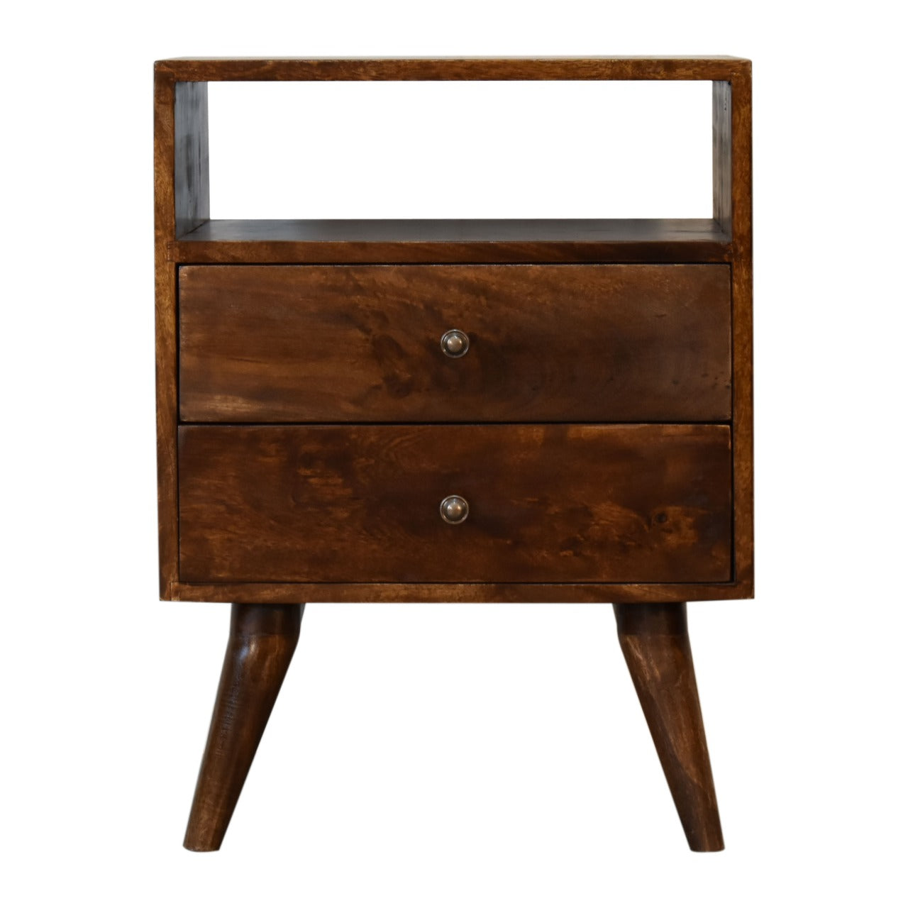 Camogli Mid-Century Chestnut Mango Wood Bedside 2 Drawers Open Shelf