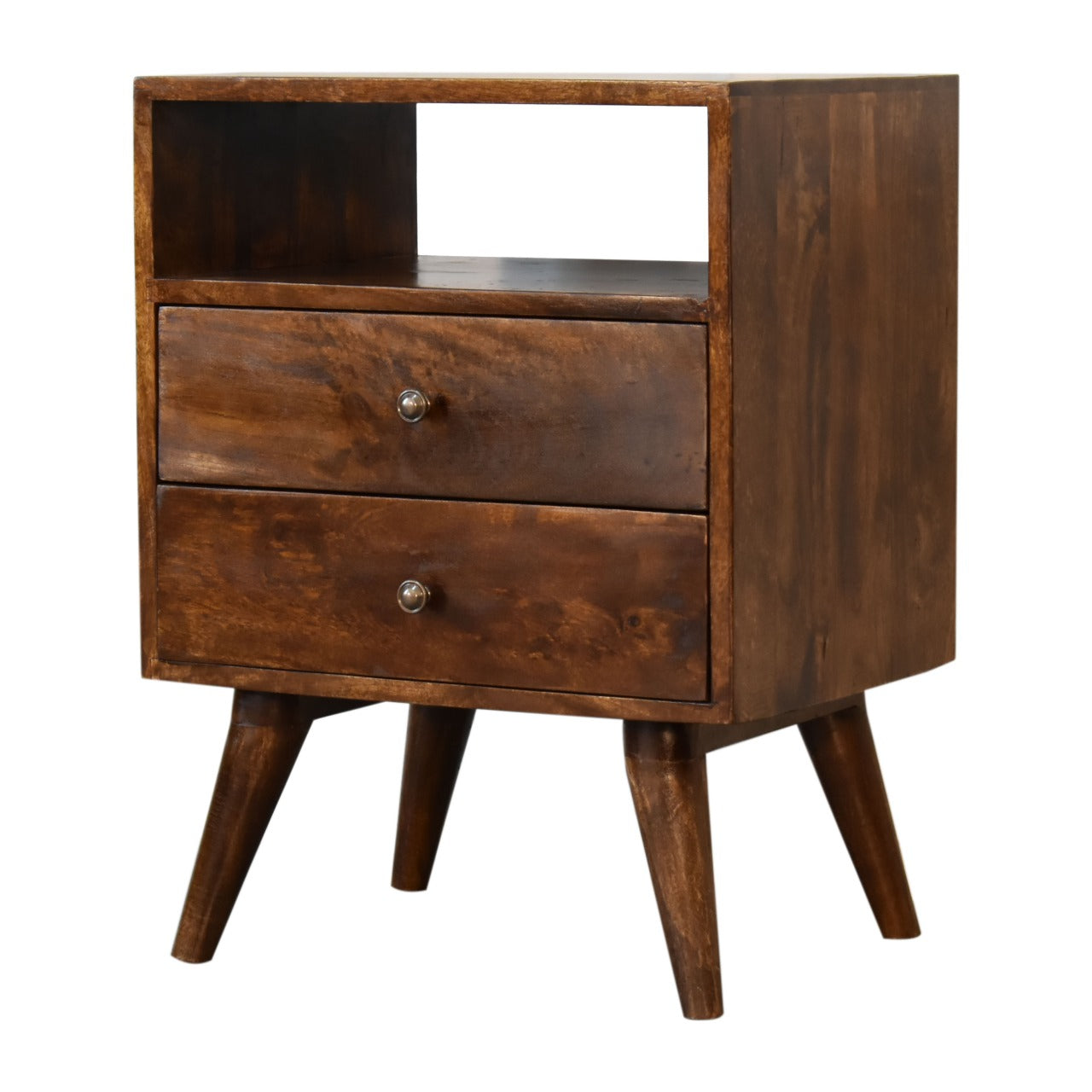 Camogli Mid-Century Chestnut Mango Wood Bedside 2 Drawers Open Shelf