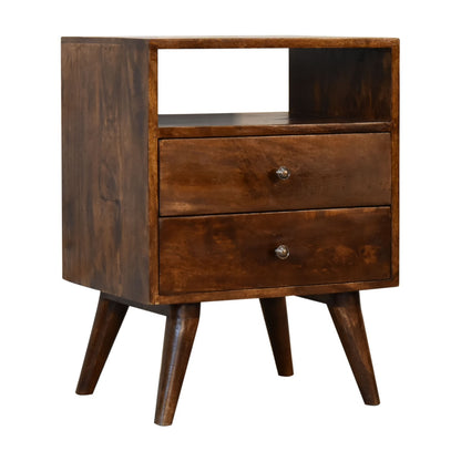 Camogli Mid-Century Chestnut Mango Wood Bedside 2 Drawers Open Shelf