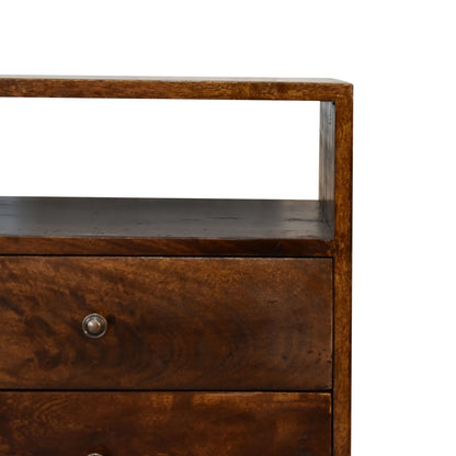 Camogli Mid-Century Chestnut Mango Wood Bedside 2 Drawers Open Shelf