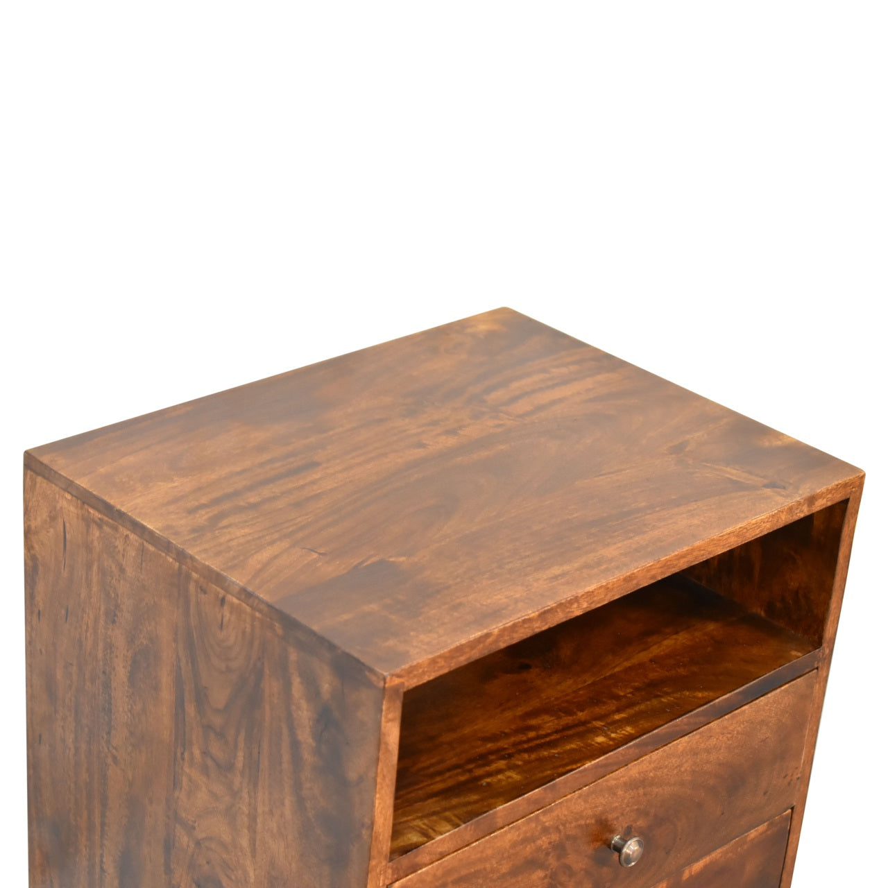 Camogli Mid-Century Chestnut Mango Wood Bedside 2 Drawers Open Shelf