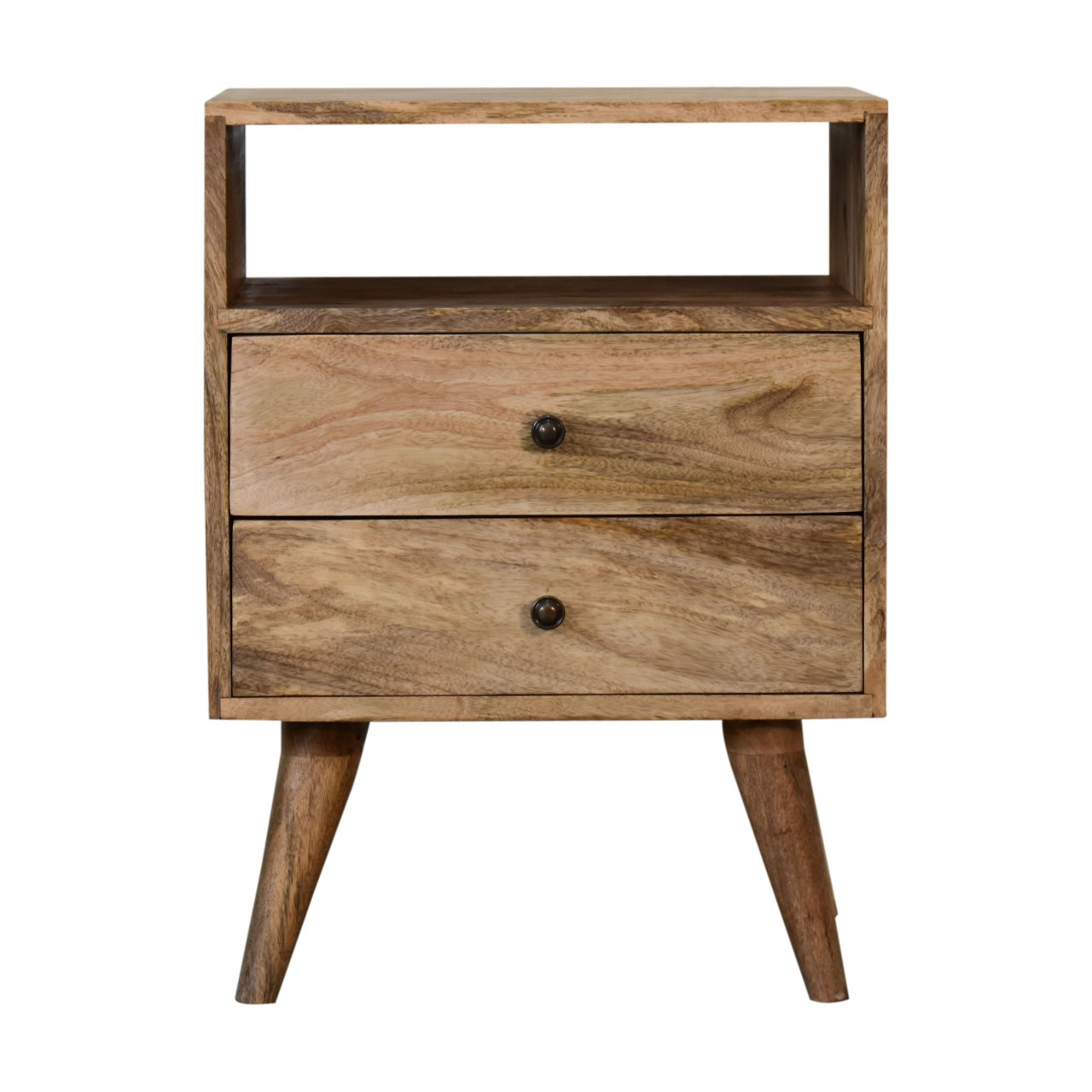 Megeve Classic Natural Oak Mango Wood Bedside Table 2 Drawers Open Shelf