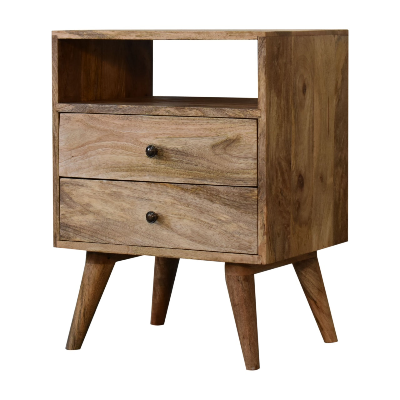 Megeve Classic Natural Oak Mango Wood Bedside Table 2 Drawers Open Shelf