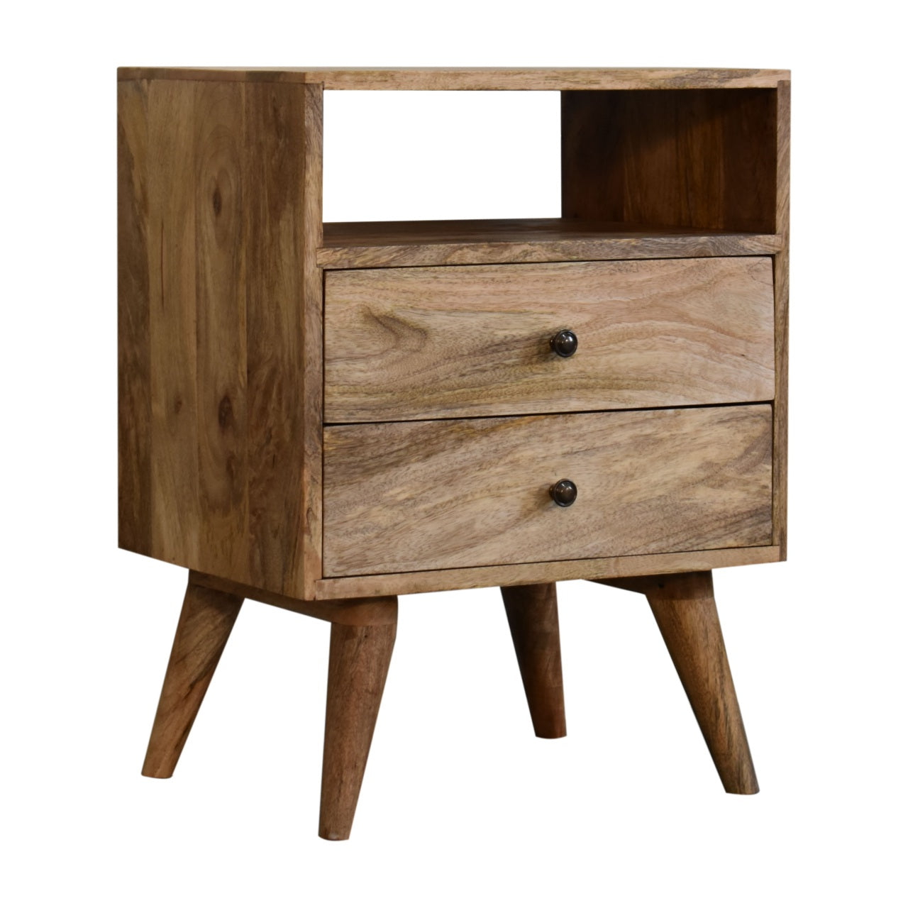 Megeve Classic Natural Oak Mango Wood Bedside Table 2 Drawers Open Shelf