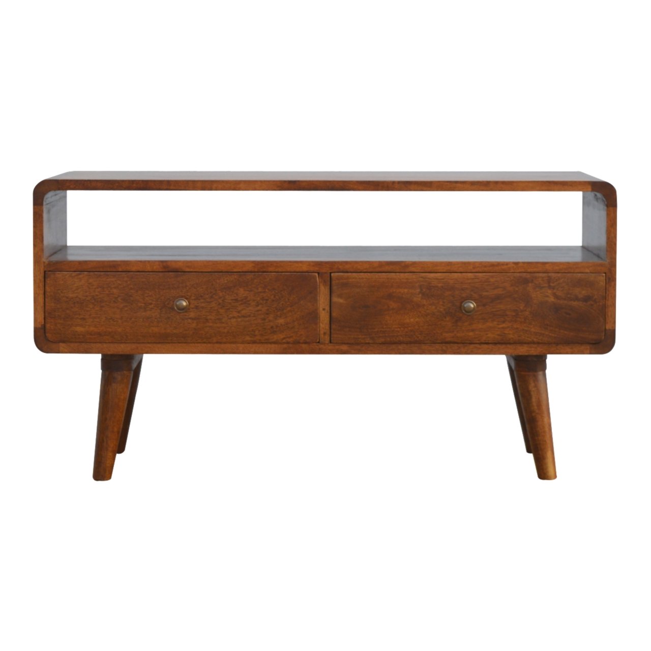Ostuni Low Curved Chestnut Mango Wood TV Media Unit 2 Drawers and Open Shelf