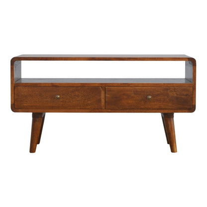 Ostuni Low Curved Chestnut Mango Wood TV Media Unit 2 Drawers and Open Shelf