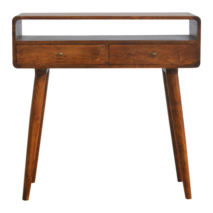 Ostuni Curved Mango Wood Chestnut Console Table 2 Drawers Open Shelf