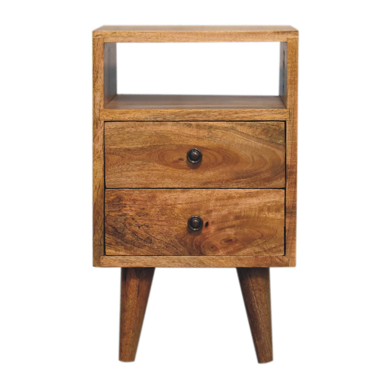 Parma Mini Oak Mango Wood Classic Open Bedside Table 2 Drawers and Shelf
