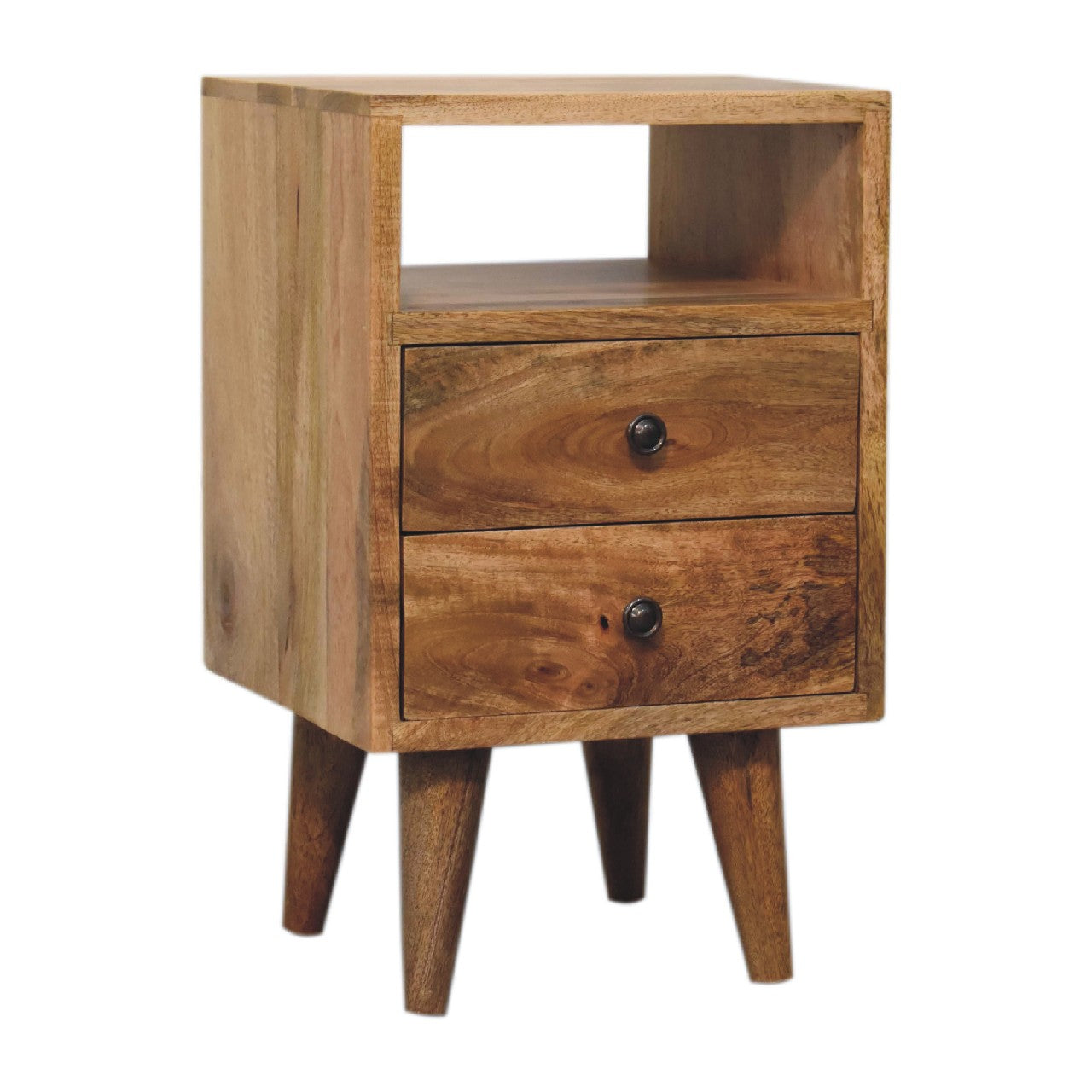 Parma Mini Oak Mango Wood Classic Open Bedside Table 2 Drawers and Shelf