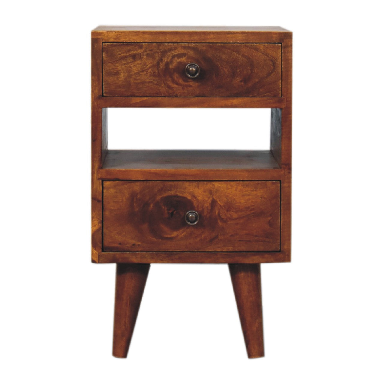 Olbia Mini Classic Chestnut Mango Wood Bedside Table 2 Drawers and Shelf