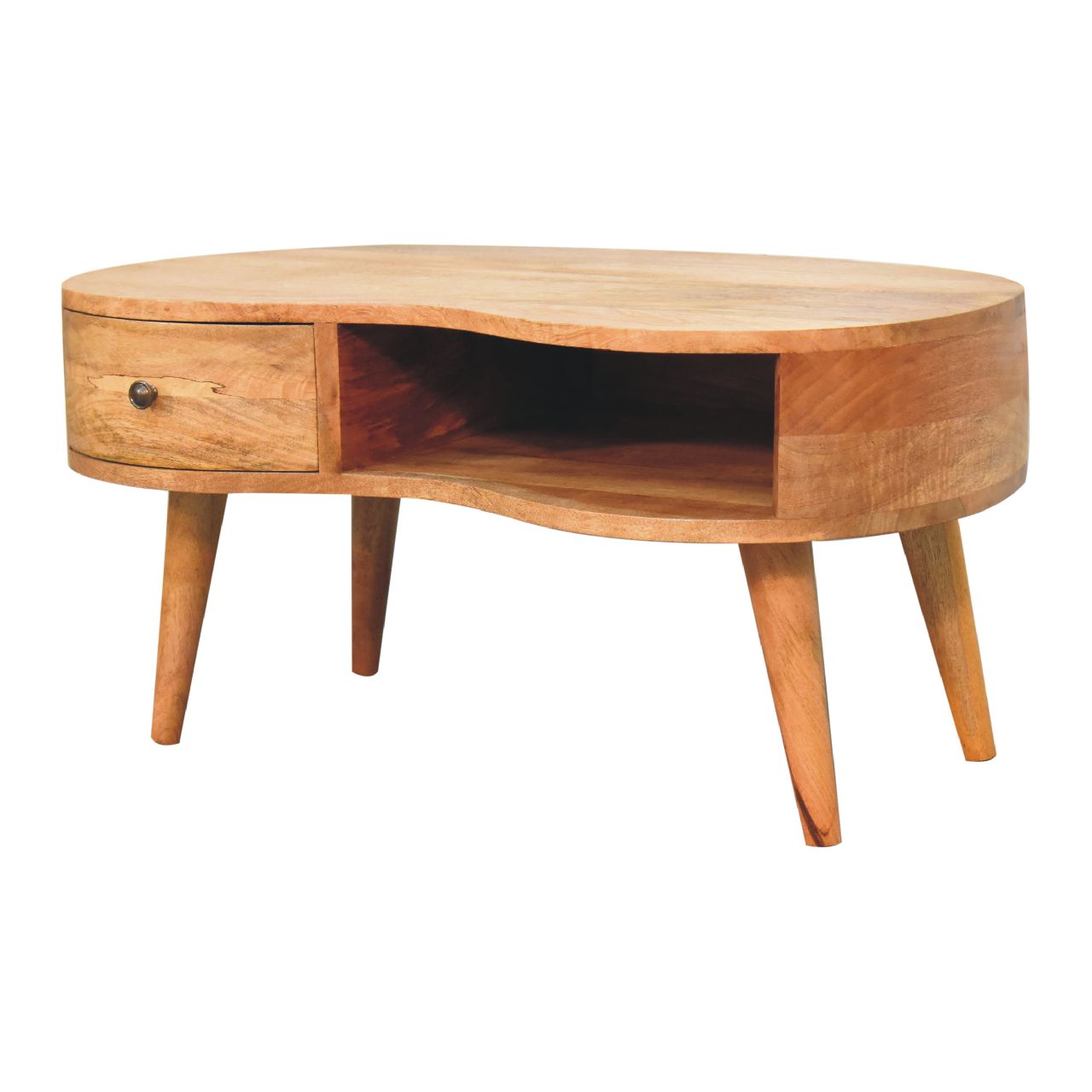 Padua Oak Mango Wood Wave Coffee Table with Drawer and Storage Shelf