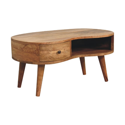 Padua Oak Mango Wood Wave Coffee Table with Drawer and Storage Shelf
