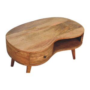 Padua Oak Mango Wood Wave Coffee Table with Drawer and Storage Shelf