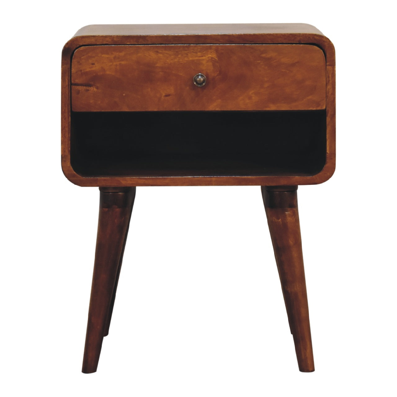 Honfleur Curve Open Slot Chestnut Mango Wood Bedside Table Drawer and Shelf