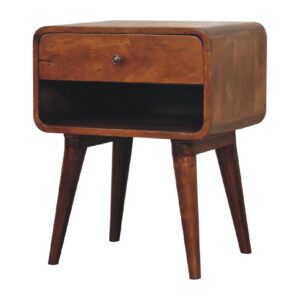 Honfleur Curve Open Slot Chestnut Mango Wood Bedside Table Drawer and Shelf