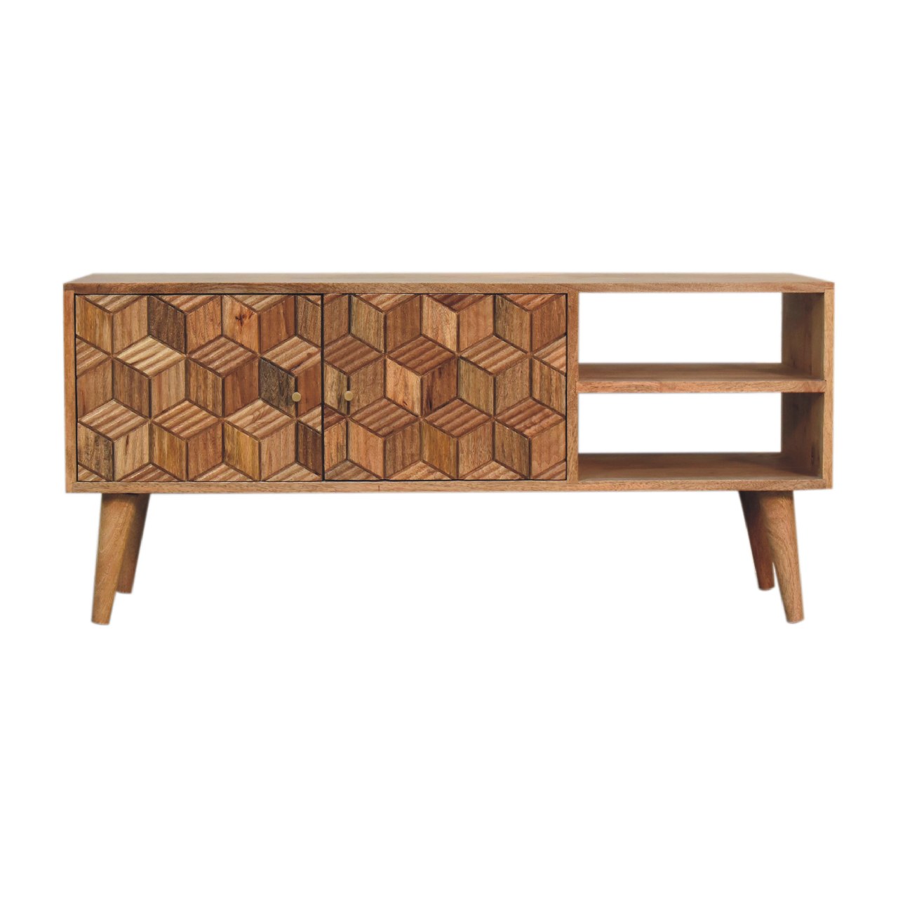 Talloires Carved Mango Wood Storage Media Unit 2 Drawers 2 Shelves