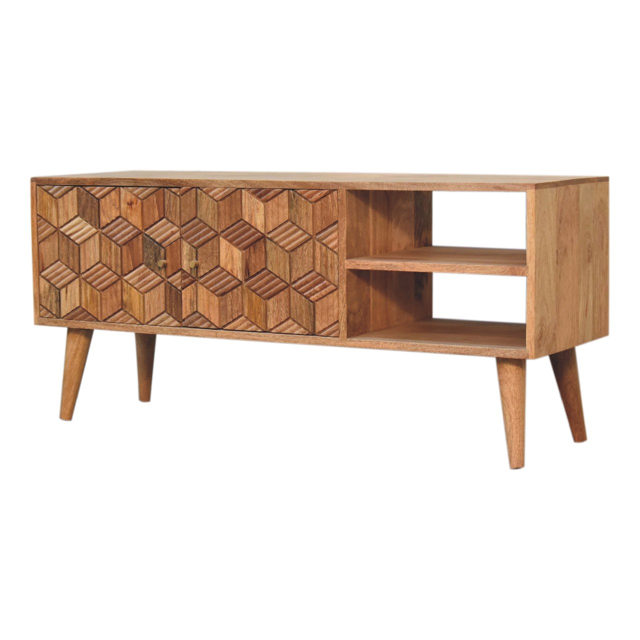 Talloires Carved Mango Wood Storage Media Unit 2 Drawers 2 Shelves