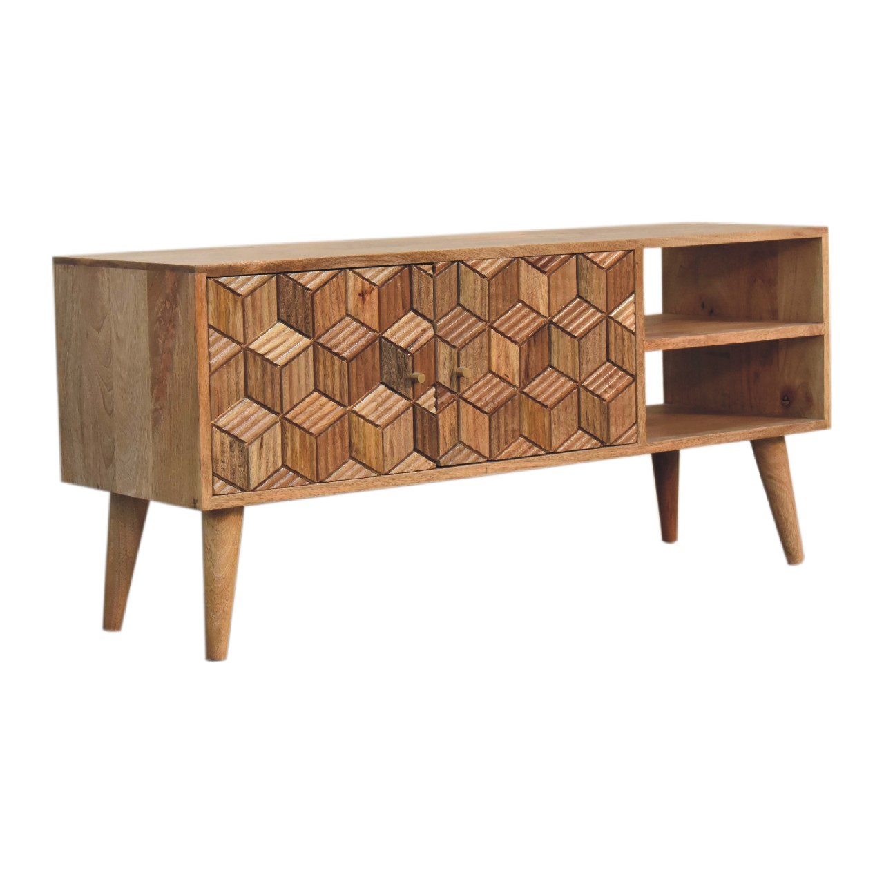 Talloires Carved Mango Wood Storage Media Unit 2 Drawers 2 Shelves