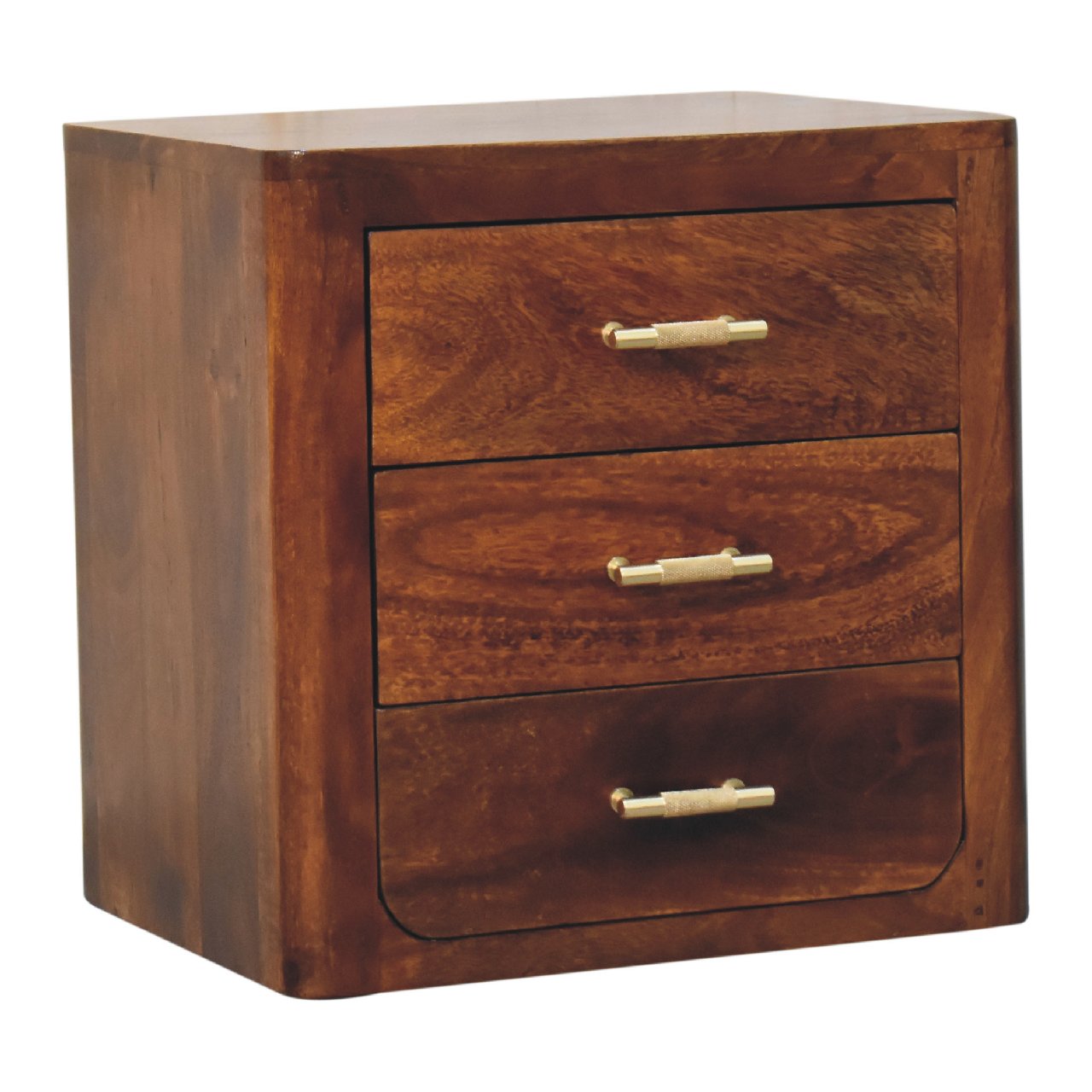 Ploumanach Mango Wood Bedside Bedside Table 3 Drawers Brass Handles