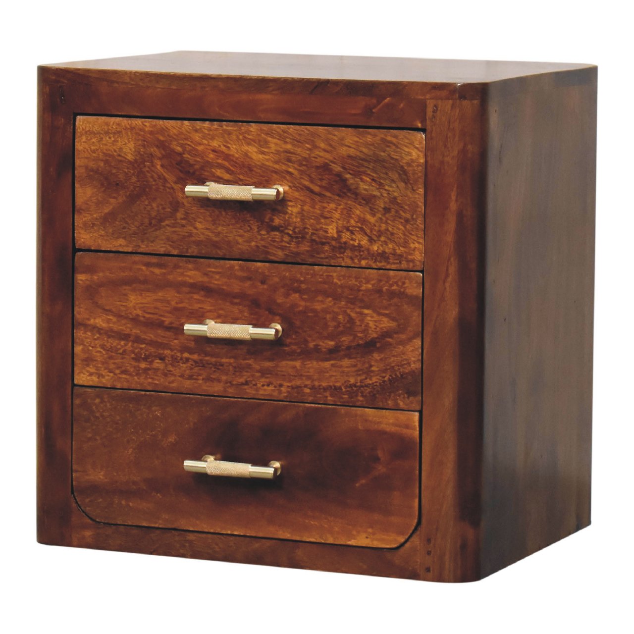Ploumanach Mango Wood Bedside Bedside Table 3 Drawers Brass Handles