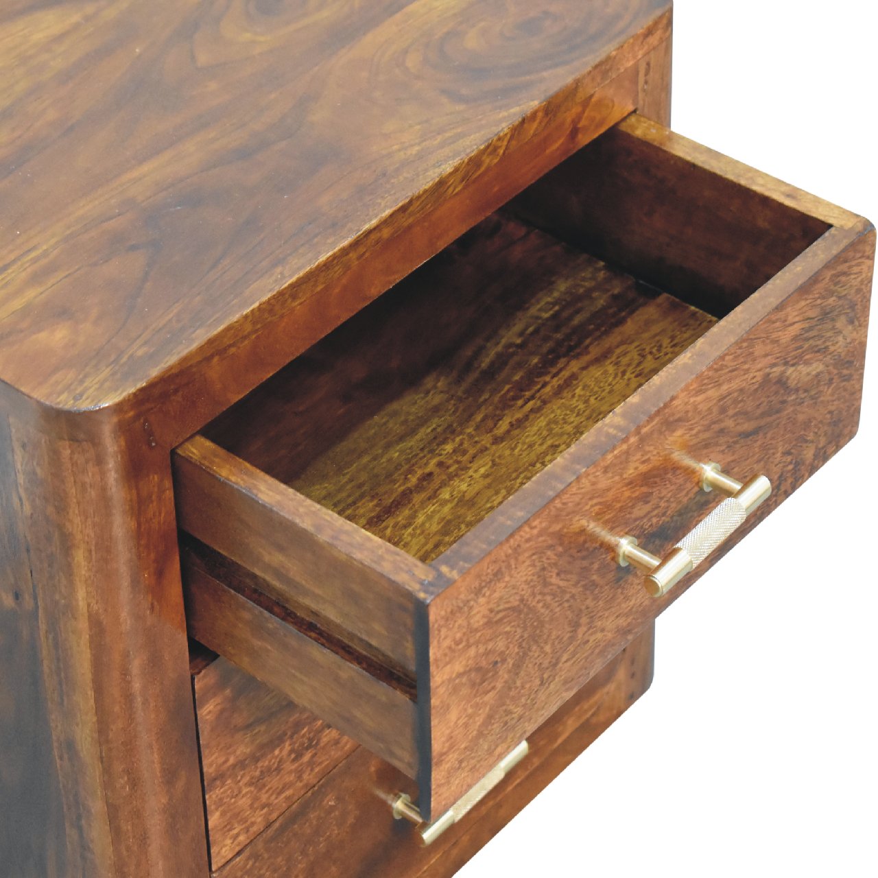 Ploumanach Mango Wood Bedside Bedside Table 3 Drawers Brass Handles