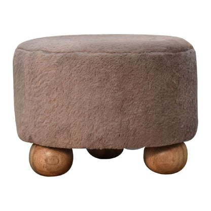 Pont Aven Grey Faux Fur Nordic Round Footstool with Mango Wood Ball Feet