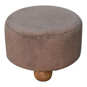 Pont Aven Grey Faux Fur Nordic Round Footstool with Mango Wood Ball Feet
