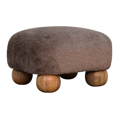 Pont Aven Grey Faux Fur Nordic Square Footstool with Mango Wood Ball Feet