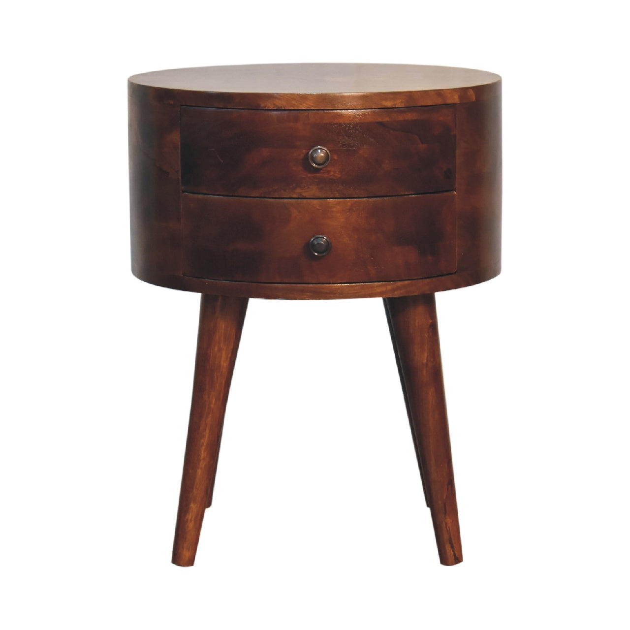 Sorrento Round Chestnut Mango Wood Bedside Table 2 Drawers