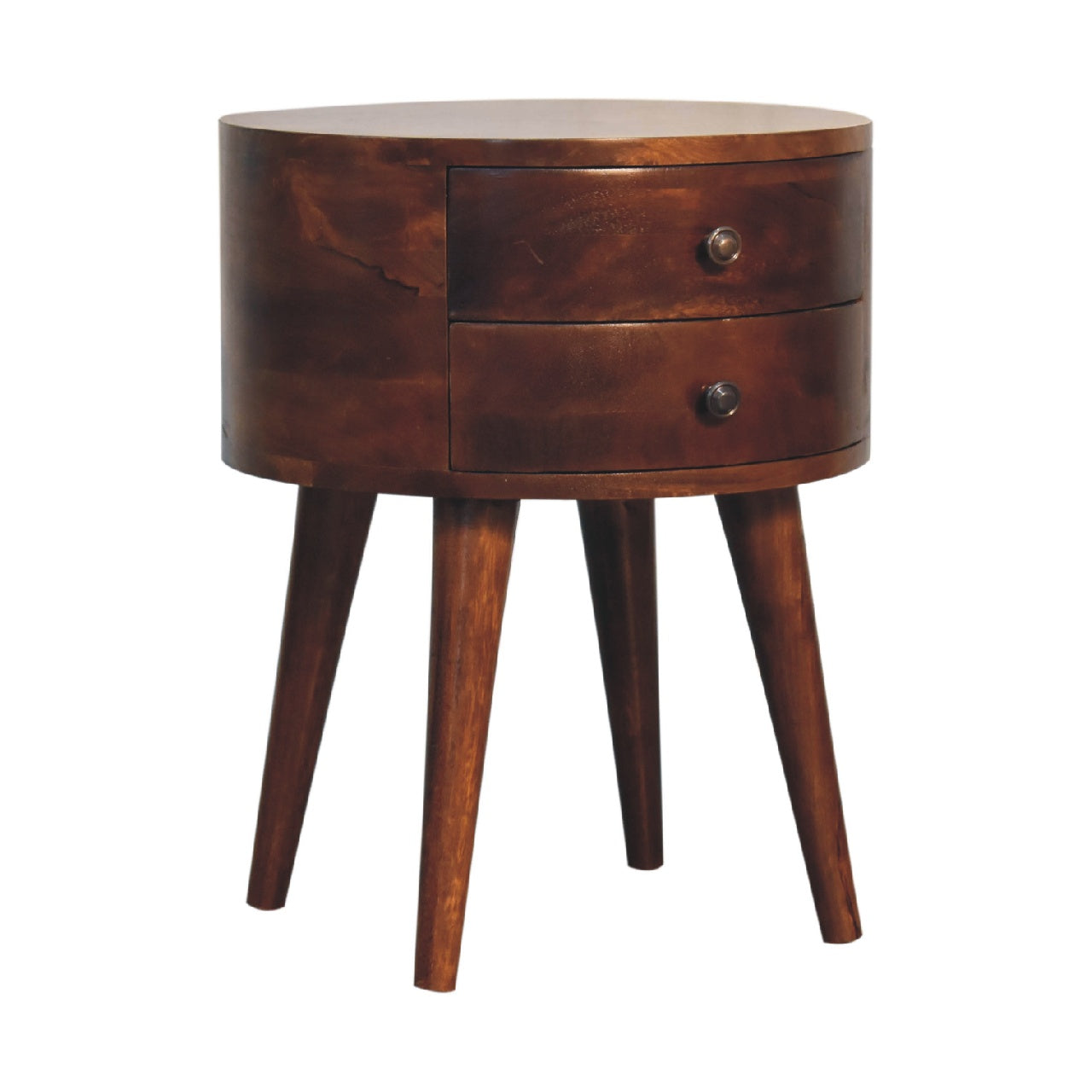 Sorrento Round Chestnut Mango Wood Bedside Table 2 Drawers