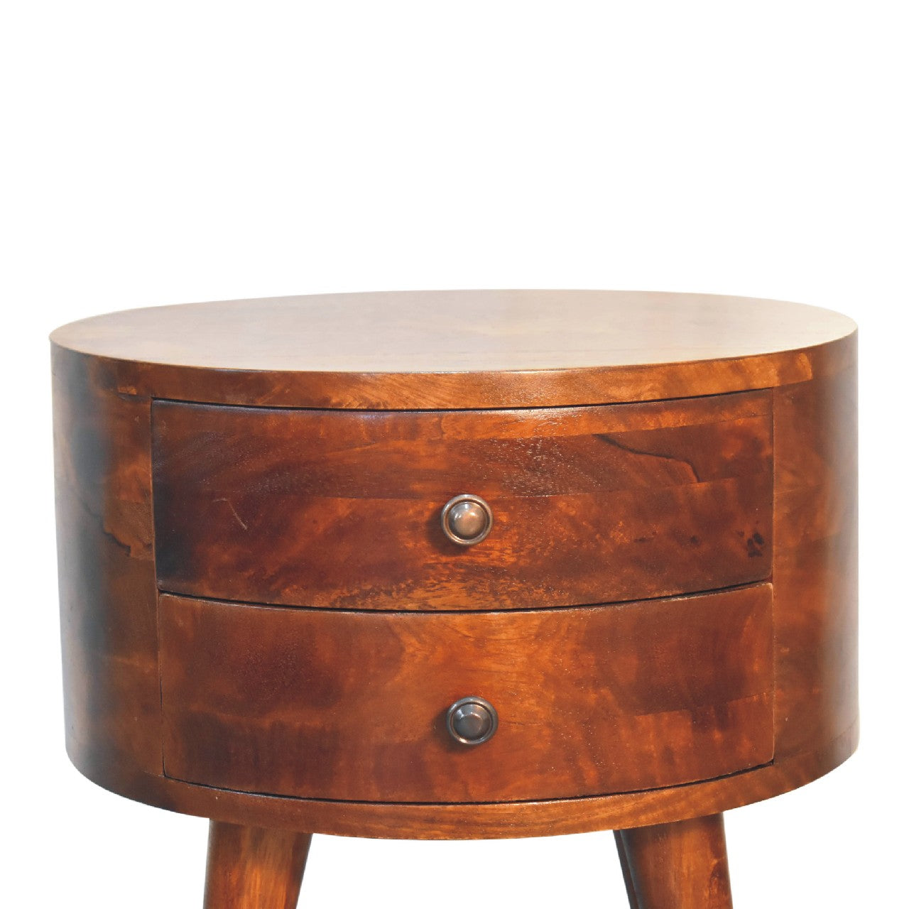 Sorrento Round Chestnut Mango Wood Bedside Table 2 Drawers